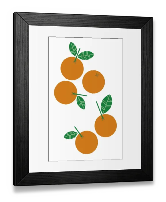 Framed Print : Digital illustration of ripe oranges with green leaves and stems Framed Print : Digital illustration of ripe oranges with green leaves and stems