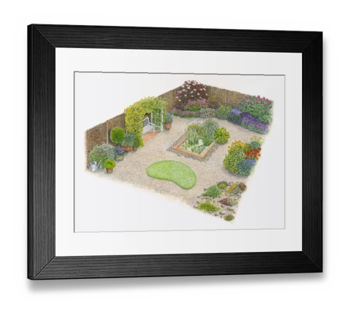 Framed Print : Illustration of domestic garden with colourful herb and flowerbeds, water garden, pot plants and pat Framed Print : Illustration of domestic garden with colourful herb and flowerbeds, water garden, pot plants and pat