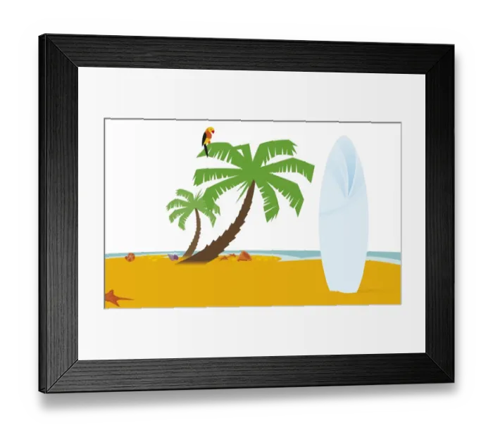 Framed Print : Digital illustration of surfboard on tropical beach and parrot perching on palm tree Framed Print : Digital illustration of surfboard on tropical beach and parrot perching on palm tree