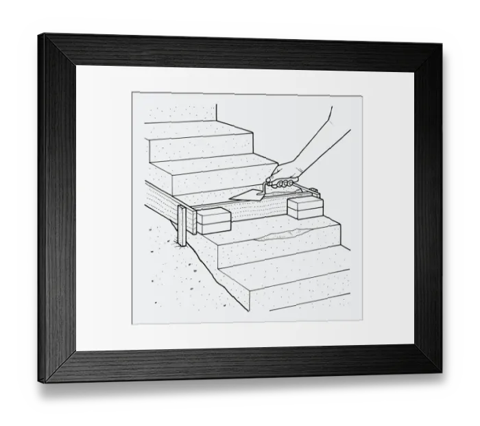 Framed Print : Black and white illustration showing how to repair concrete steps using trowel Framed Print : Black and white illustration showing how to repair concrete steps using trowel