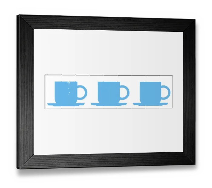 Framed Print : Digital illustration representing granulated sugar on side of cup in row of three blue cups and sauc Framed Print : Digital illustration representing granulated sugar on side of cup in row of three blue cups and sauc