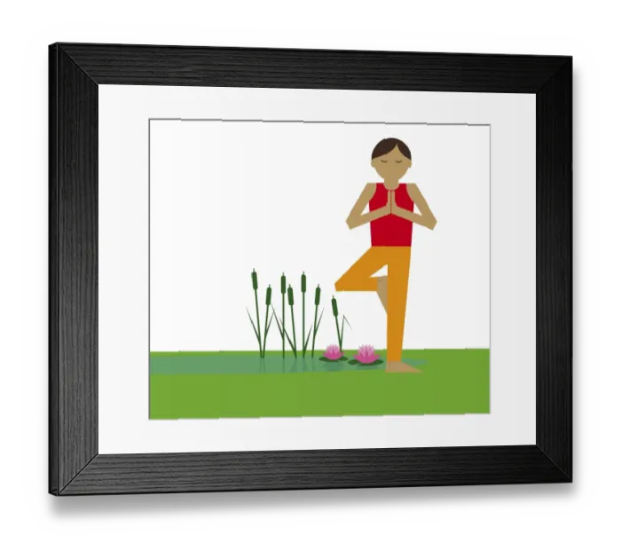 Framed Print : Digital illustration representing woman meditating in lotus position standing on one leg next to pon Framed Print : Digital illustration representing woman meditating in lotus position standing on one leg next to pon