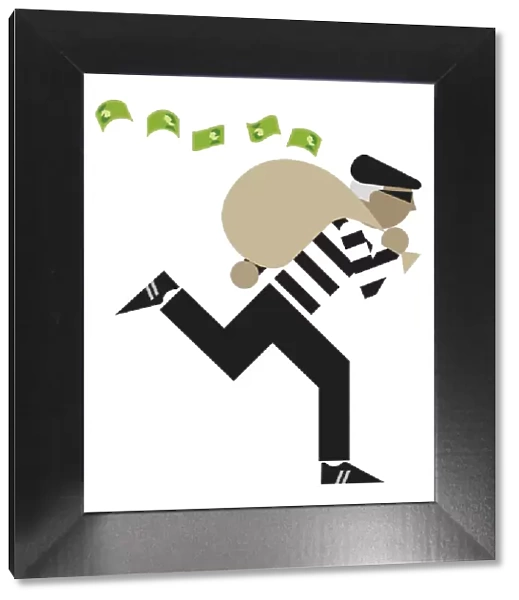 Digital illustration of bank robber escaping with sack of money