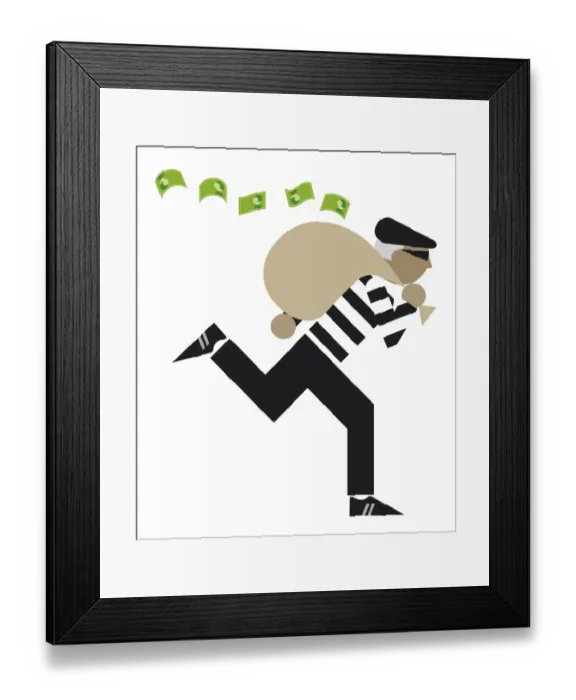 Framed Print : Digital illustration of bank robber escaping with sack of money Framed Print : Digital illustration of bank robber escaping with sack of money