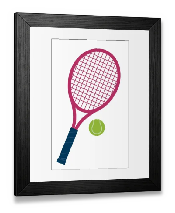 Framed Print : Digital illustration of pink and blue tennis bat and green ball