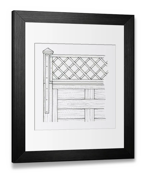 Framed Print : Black and white illustration of batten and trellis nailed to garden fence Framed Print : Black and white illustration of batten and trellis nailed to garden fence