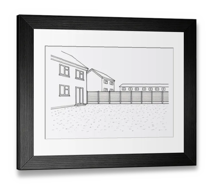 Framed Print : Black and white illustration of lawn and fence in domestic garden Framed Print : Black and white illustration of lawn and fence in domestic garden