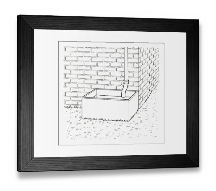 Framed Print : Black and white illustration showing end of downpipe inside water storage tank next to wall Framed Print : Black and white illustration showing end of downpipe inside water storage tank next to wall