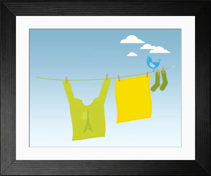 Framed Print : Illustration of bird perching on washing line Framed Print : Illustration of bird perching on washing line
