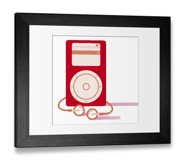 Framed Print : Digital illustration of red MP3 player and headphones