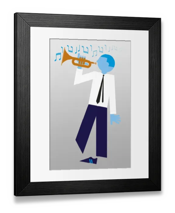 Framed Print : Digital illustration of man playing brass trumpet with musical notes above head Framed Print : Digital illustration of man playing brass trumpet with musical notes above head