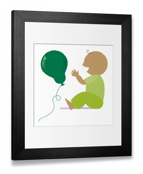 Framed Print : Digital illustration representing excited baby playing with green balloon Framed Print : Digital illustration representing excited baby playing with green balloon