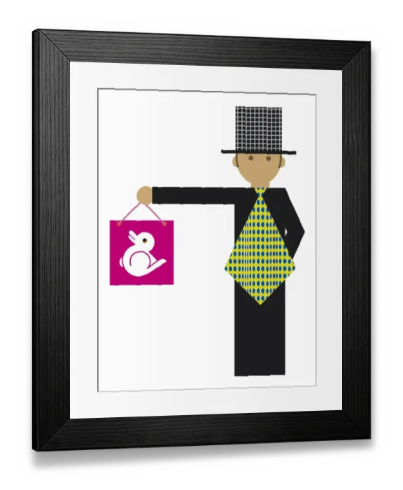 Framed Print : Digital illustration representing magician holding pink shopping bag with dove on front Framed Print : Digital illustration representing magician holding pink shopping bag with dove on front