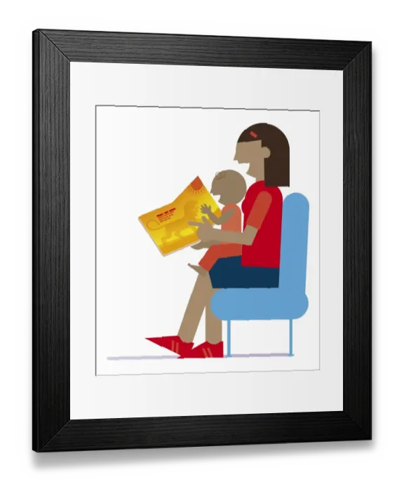 Framed Print : Digital illustration of mother reading book to baby sitting on lap Framed Print : Digital illustration of mother reading book to baby sitting on lap