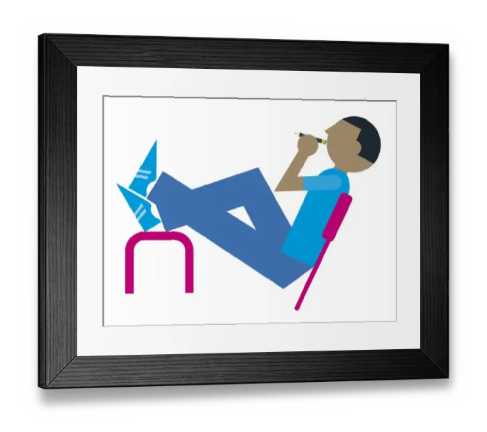 Framed Print : Digital illustration of man holding pencil, leaning back on chair with feet on desk Framed Print : Digital illustration of man holding pencil, leaning back on chair with feet on desk