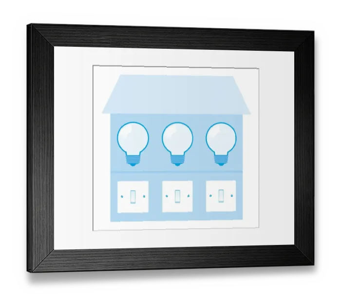 Framed Print : Digital illustration of lightbulbs and light switches on blue house Framed Print : Digital illustration of lightbulbs and light switches on blue house