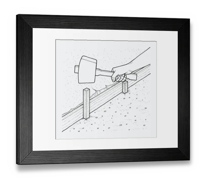 Framed Print : Black and white illustration of hand holding mallet above wooden edging post in ground Framed Print : Black and white illustration of hand holding mallet above wooden edging post in ground