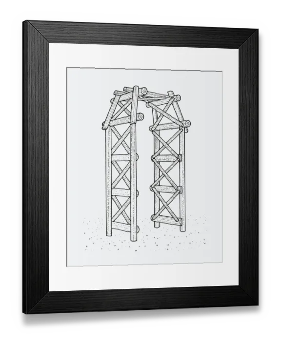 Framed Print : Black and white illustration of rustic arch in garden