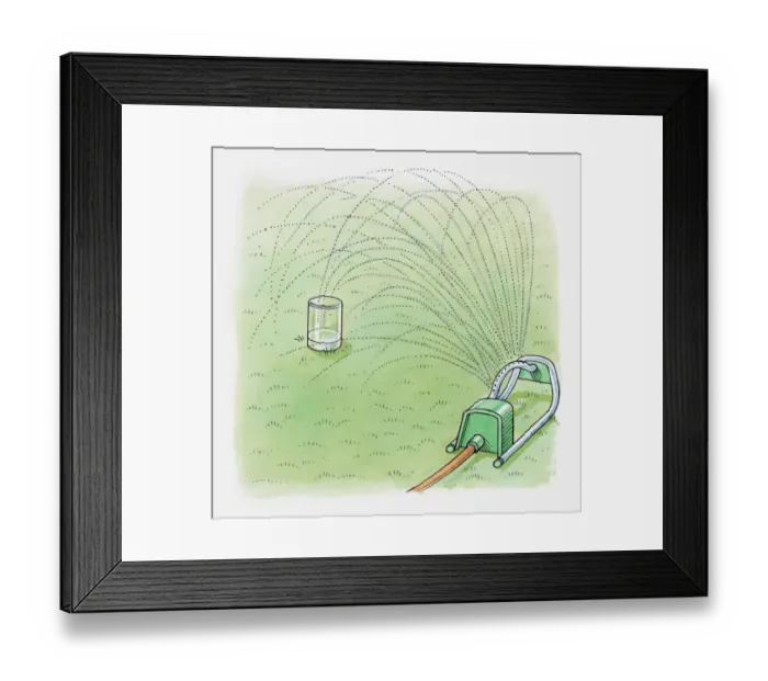Framed Print : Illustration showing how to use garden sprinkler and jar to calculate how long to water an area of l Framed Print : Illustration showing how to use garden sprinkler and jar to calculate how long to water an area of l