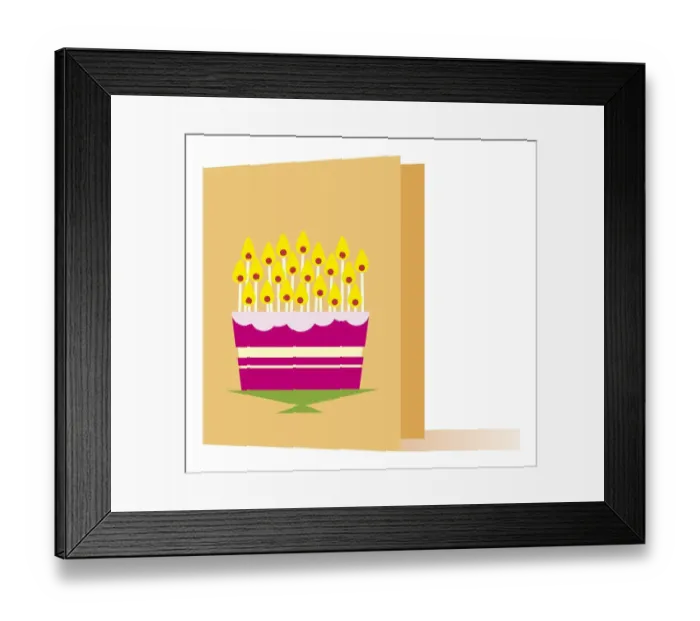Framed Print : Digital illustration of burning candle on cake on greeting card