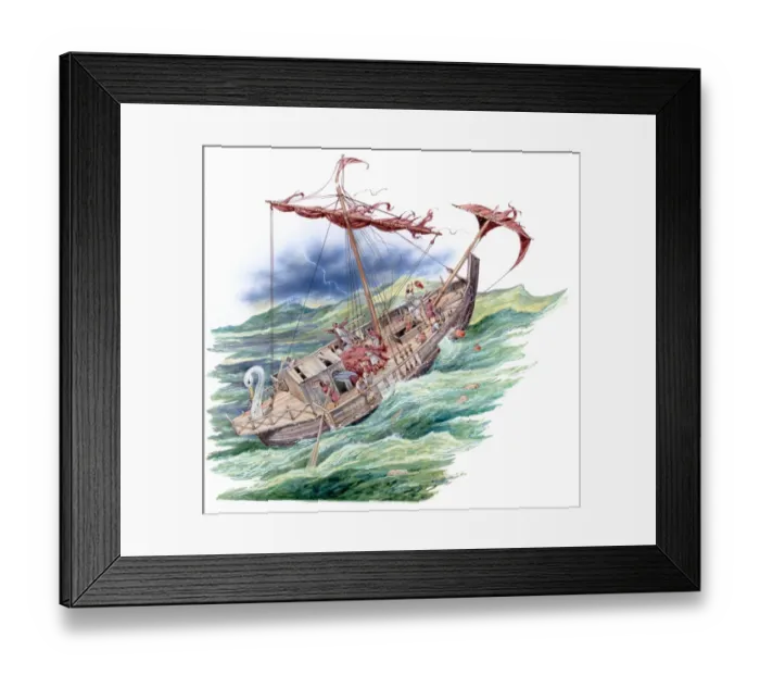 Framed Print : Illustration of Paul standing on deck of sinking ship during voyage to Rome as lightening strikes in background and people drown in Mediterranean Sea Framed Print : Illustration of Paul standing on deck of sinking ship during voyage to Rome as lightening strikes in background and people drown in Mediterranean Sea