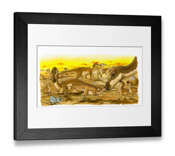 Framed Print : Illustration of herd of adult and young Hypsilophodon dinosaurs, with prehistoric rats scavenging for eggs on ground and in nest Framed Print : Illustration of herd of adult and young Hypsilophodon dinosaurs, with prehistoric rats scavenging for eggs on ground and in nest