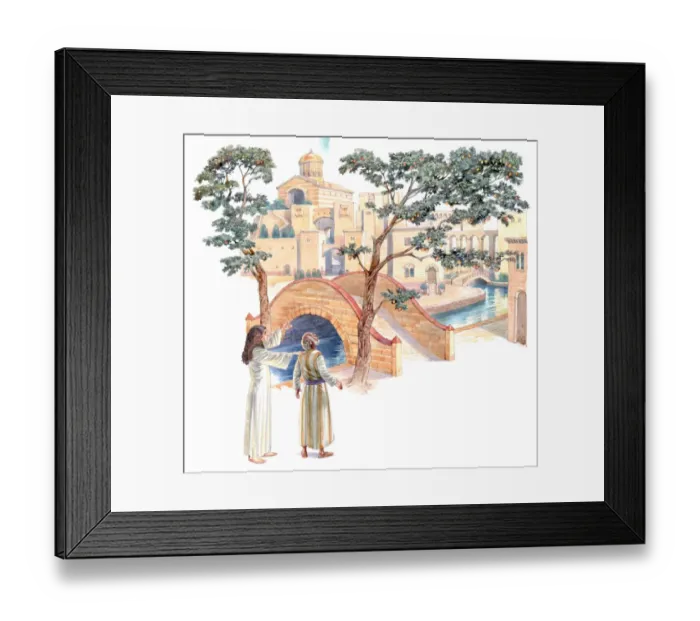 Framed Print : Illustration of angel reveal holy city of Jerusalem to John in a vision as water of life flows below bridge and tree of life grows on its banks Framed Print : Illustration of angel reveal holy city of Jerusalem to John in a vision as water of life flows below bridge and tree of life grows on its banks