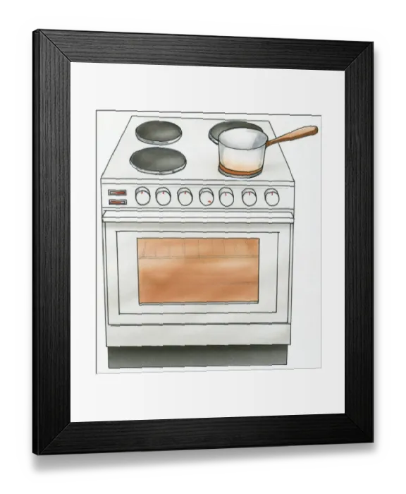 Framed Print : Illustration of saucepan on ceramic hob of European electric cooker with oven Framed Print : Illustration of saucepan on ceramic hob of European electric cooker with oven