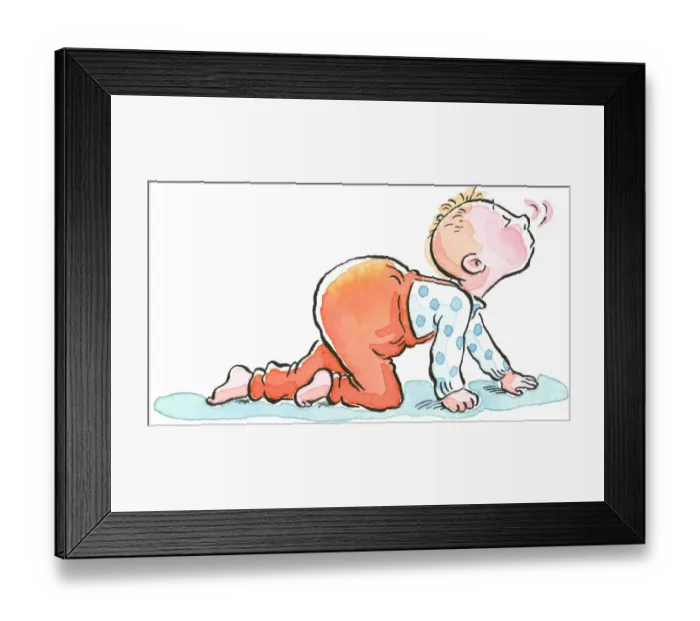 Framed Print : Cartoon of baby crawling on floor using sense of smell for guidance Framed Print : Cartoon of baby crawling on floor using sense of smell for guidance