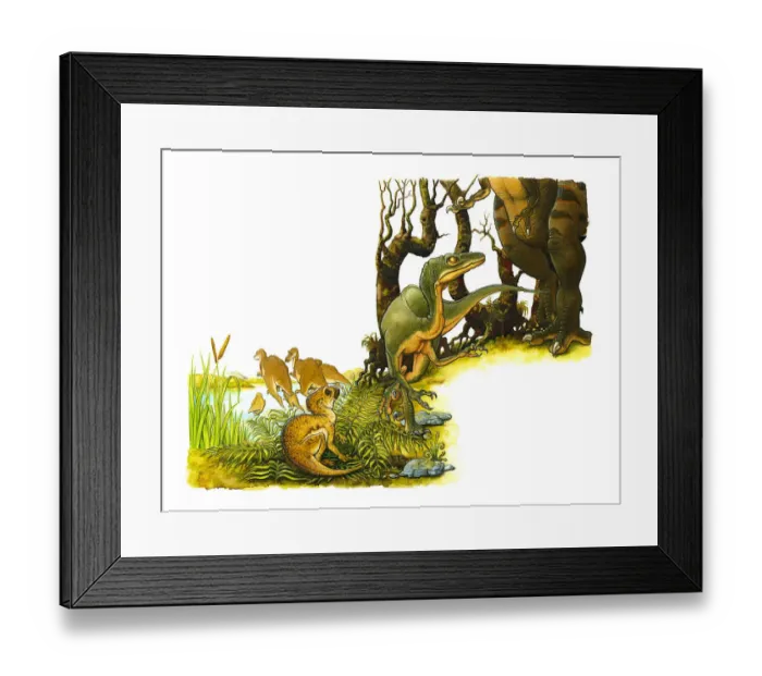 Framed Print : Illustration of green dinosaur at feet of large, predatory bipedal theropod, with small Hypsilophodon dinosaur hiding in leaves, and pair of dinosaurs standing in lake Framed Print : Illustration of green dinosaur at feet of large, predatory bipedal theropod, with small Hypsilophodon dinosaur hiding in leaves, and pair of dinosaurs standing in lake