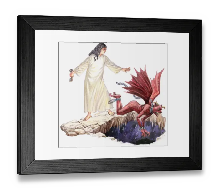 Framed Print : Illustration of angel looking on as red dragon with seven head disappears through hole in Earth Framed Print : Illustration of angel looking on as red dragon with seven head disappears through hole in Earth