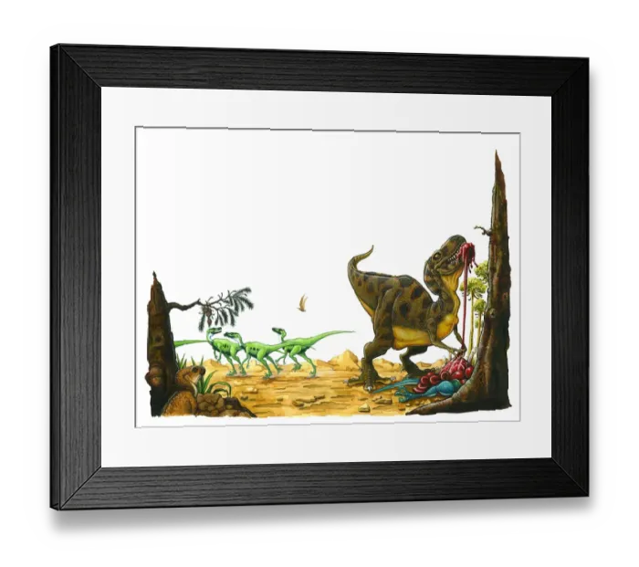 Framed Print : Illustration of small Hypsilophodon looking up at Tyrannosaurus Rex tearing at skin and organs of dead dinosaur as herd of green bipedal dinosaurs escape in distance