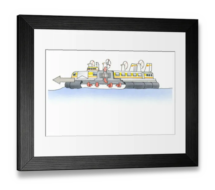 Framed Print : Illustration of hovercraft with cross-section showing propellers blowing warm air under hull to move vessel forward Framed Print : Illustration of hovercraft with cross-section showing propellers blowing warm air under hull to move vessel forward