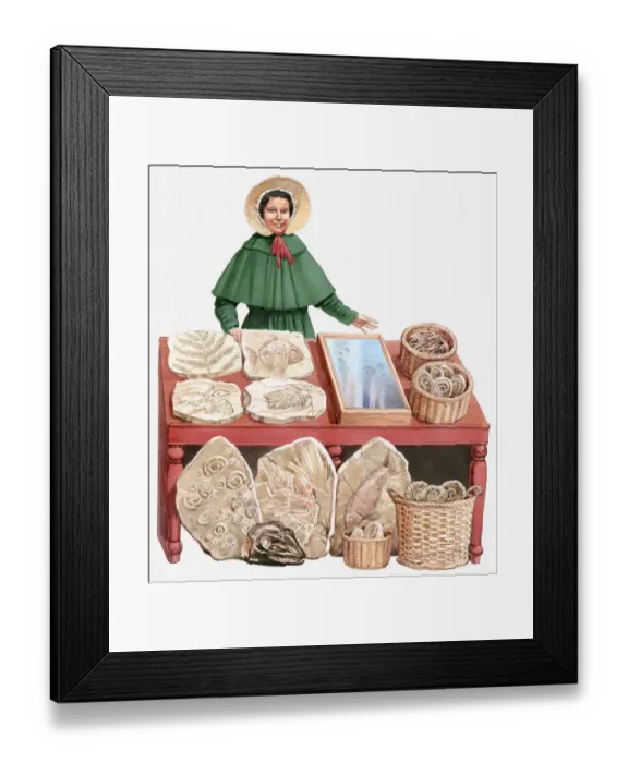 Framed Print : Illustration of 19th century paleontologist Mary Anning with collection of fossils Framed Print : Illustration of 19th century paleontologist Mary Anning with collection of fossils