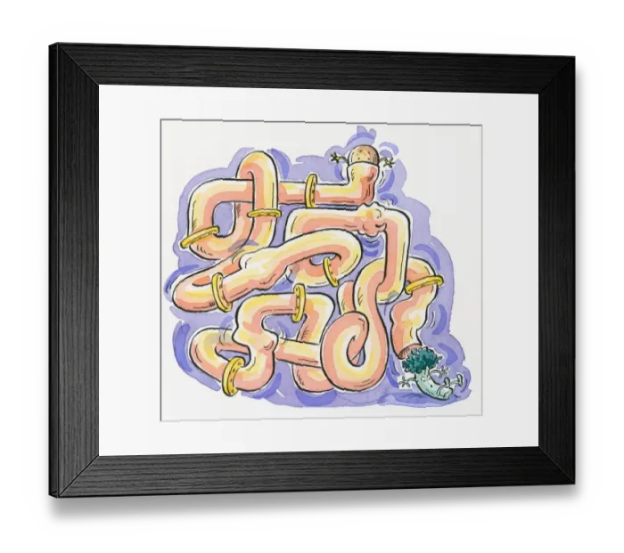 Framed Print : Cartoon of human ileum represented as twisted pipes and valves with food passing through digestive system Framed Print : Cartoon of human ileum represented as twisted pipes and valves with food passing through digestive system