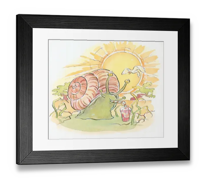 Framed Print : Cartoon of of snail in hot sun using straw to drink cold water from glass Framed Print : Cartoon of of snail in hot sun using straw to drink cold water from glass
