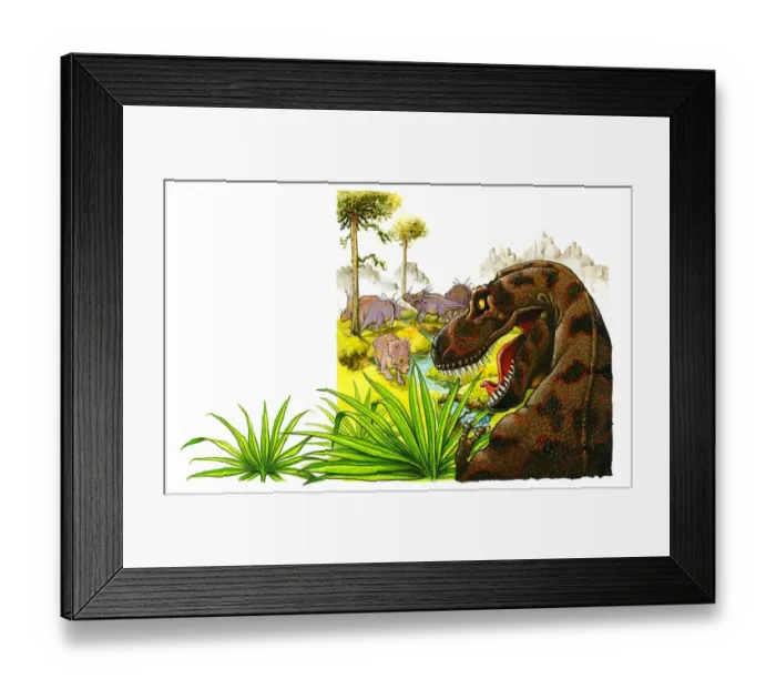 Framed Print : Illustration of predatory Tyrannosaurus Rex looking aggressively at herd of herbivorous ceratopsid Triceratops dinosaurs in distance oblivious to the danger Framed Print : Illustration of predatory Tyrannosaurus Rex looking aggressively at herd of herbivorous ceratopsid Triceratops dinosaurs in distance oblivious to the danger