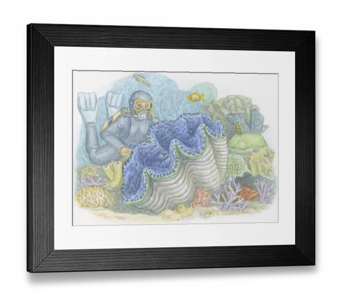 Framed Print : Illustration of deep-sea diver wearing wetsuit looking at Giant Clam (Tridacna gigas), the largest bivalve mollusc Framed Print : Illustration of deep-sea diver wearing wetsuit looking at Giant Clam (Tridacna gigas), the largest bivalve mollusc