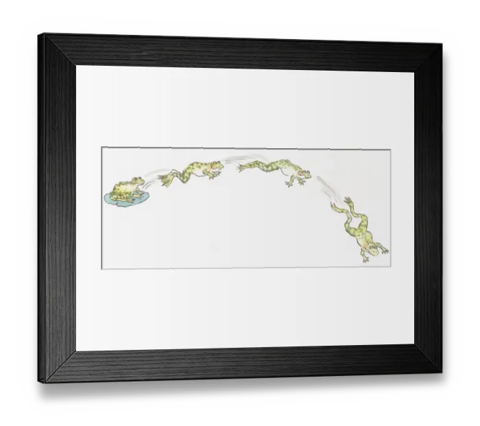 Framed Print : Cartoon of frog sitting on water lily and frogs jumping Framed Print : Cartoon of frog sitting on water lily and frogs jumping