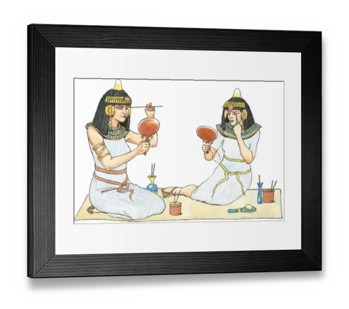 Framed Print : Illustration of ancient Egyptian women looking in mirrors to apply make-up Framed Print : Illustration of ancient Egyptian women looking in mirrors to apply make-up