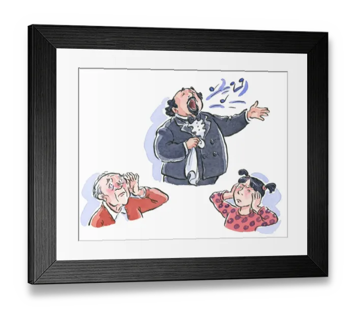 Framed Print : Cartoon of man singing as deaf senior man cups hand to ear to hear and girl holds hands over ears to block noise