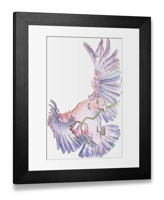 Framed Print : Cartoon of parrot holding flower by stem in beak Framed Print : Cartoon of parrot holding flower by stem in beak