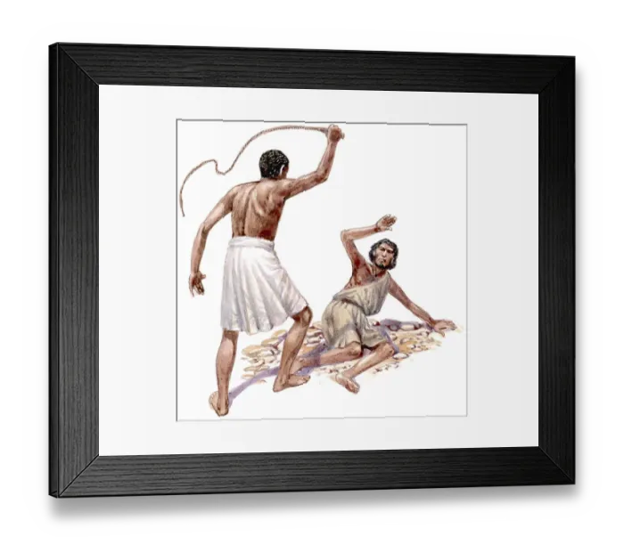 Framed Print : Illustration of Egyptian overseer whipping Hebrew man lying on ground Framed Print : Illustration of Egyptian overseer whipping Hebrew man lying on ground
