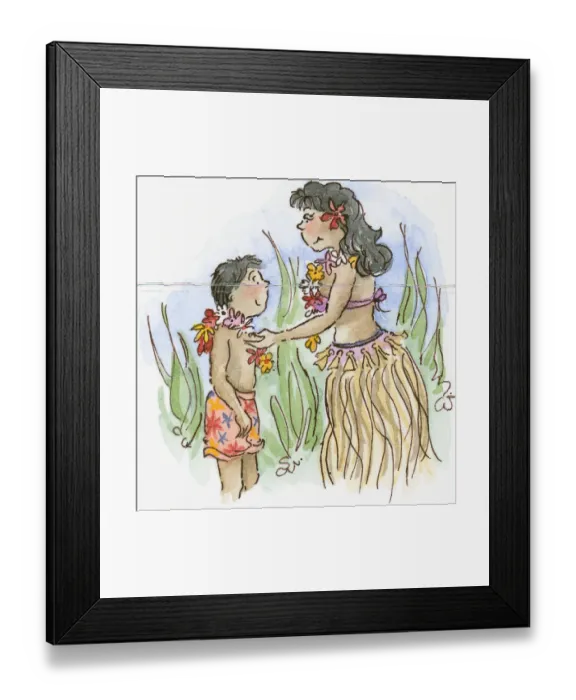 Framed Print : Cartoon of woman in traditional Hawaiian skirt hanging Lie on neck of boy