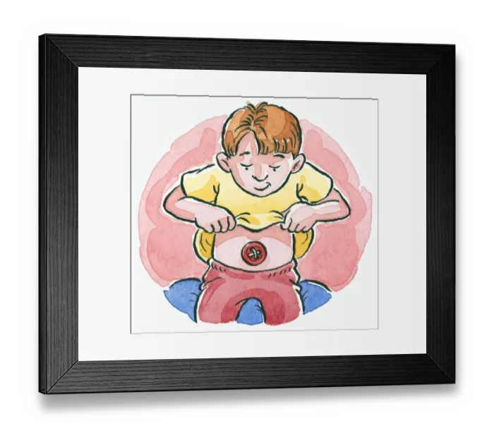 Framed Print : Cartoon boy lifting yellow T-shirt and looking down at belly button on abdomen Framed Print : Cartoon boy lifting yellow T-shirt and looking down at belly button on abdomen
