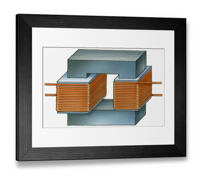 Framed Print : Illustration of step down transformer with iron core, primary and secondary spirals Framed Print : Illustration of step down transformer with iron core, primary and secondary spirals