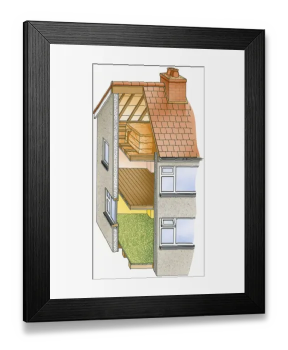 Framed Print : Illustration of cross section of house showing insulation on floors and windows
