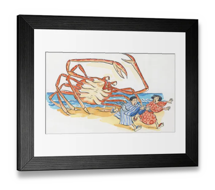 Framed Print : Cartoon of Japanese Spider Crab (Macrocheira kaempferi), chasing man and woman on beach as it rears up behind them Framed Print : Cartoon of Japanese Spider Crab (Macrocheira kaempferi), chasing man and woman on beach as it rears up behind them