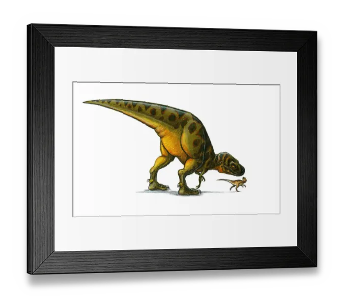 Framed Print : Illustration of small Hypsilophodon dinosaur looking up over shoulder at large bipedal dinosaur looking down ominously Framed Print : Illustration of small Hypsilophodon dinosaur looking up over shoulder at large bipedal dinosaur looking down ominously