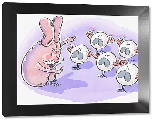 Cartoon representing thymus pointing at white blood cells flexing muscles